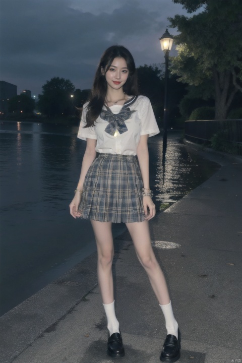  masterpiece,bestquality,realistic,8k,officialart,ultrahighres,big breast,standing,
teenager,kawaii,skinny,beautifly face,seductive smile,short sleeves,jk_style,jk_skirt,jk shirt,(striped),jk_bow,outdoors,slim legs,brown shoes,perfect waist to hip ratio,fashionable accessories,black hair,school uniform,looking at viewer,brown eyes,hair ornament,smile,plaid skirt,long hair,watch,realistic,lips,bracelet,shirt,brown hair,real world location,solo focus,full body,((poakl)),loafers,white socks,