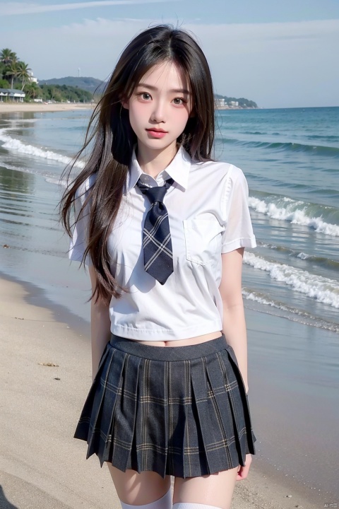  A girl, half-length, bare thighs, school uniform, staring at the audience, school_uniform,seaside, 1girl,plaid skirt,serafuku,white tights,beach,ocean