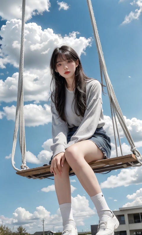 1girl,solo,sitting,sky,clouds,outdoors,black hair,bird,blue sky,white socks,daytime,long sleeves,long hair,playing on the swing,bangs,cloudy sky,wide_shot,hand between legs,looking_at_viewer