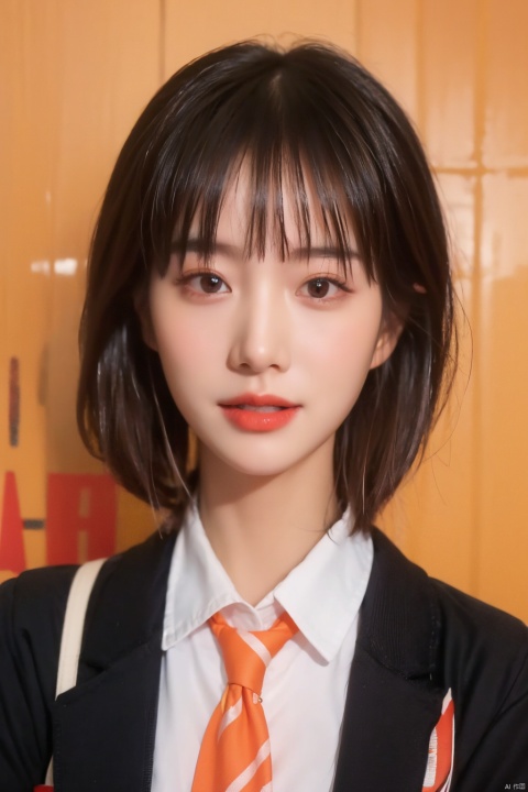  with an orange background, portrait,,school_uniform, 1girl,smile, baerasoni,short hair