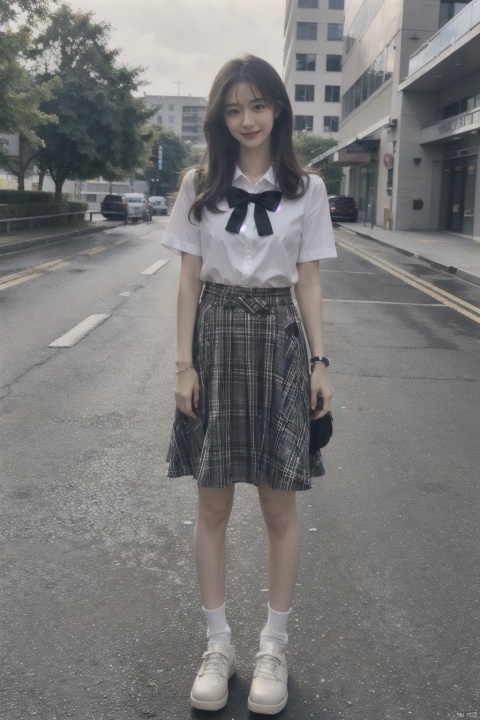  masterpiece,bestquality,realistic,8k,officialart,ultrahighres,teenager,kawaii,skinny,beautifly face,seductive smile,short sleeves,jk_style,jk_skirt,jk_shirt,(striped),jk_bow,outdoors,,slim legs,white pantyhose,brown shoes,perfect waist to hip ratio,fashionable accessories,skirt,black hair,school uniform,looking at viewer,brown eyes,cosplay,hair ornament,smile,plaid skirt,long hair,watch,realistic,lips,bracelet,shirt,backpack,brown hair,real world location,solo focus,full body,((poakl)),loafers,