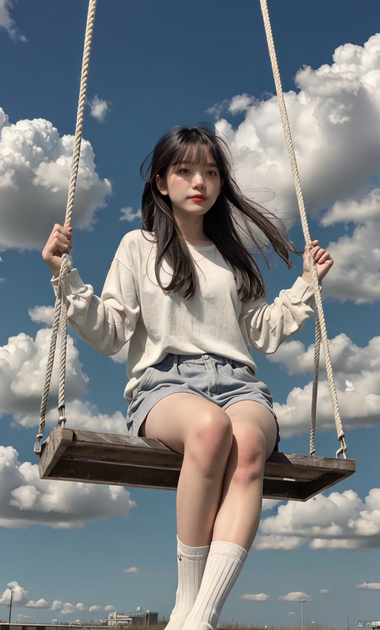 1girl,solo,sitting,sky,clouds,outdoors,black hair,bird,blue sky,white socks,daytime,building,long sleeves,long hair,playing on the swing,bangs,cloudy sky,wide_shot,hand between legs,