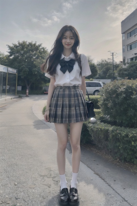  masterpiece,bestquality,realistic,8k,officialart,ultrahighres,big breast,standing,
teenager,kawaii,skinny,beautifly face,seductive smile,short sleeves,jk_style,jk_skirt,jk shirt,(striped),jk_bow,outdoors,slim legs,brown shoes,perfect waist to hip ratio,fashionable accessories,black hair,school uniform,looking at viewer,brown eyes,hair ornament,smile,plaid skirt,long hair,watch,realistic,lips,bracelet,shirt,brown hair,real world location,solo focus,full body,((poakl)),loafers,white socks,