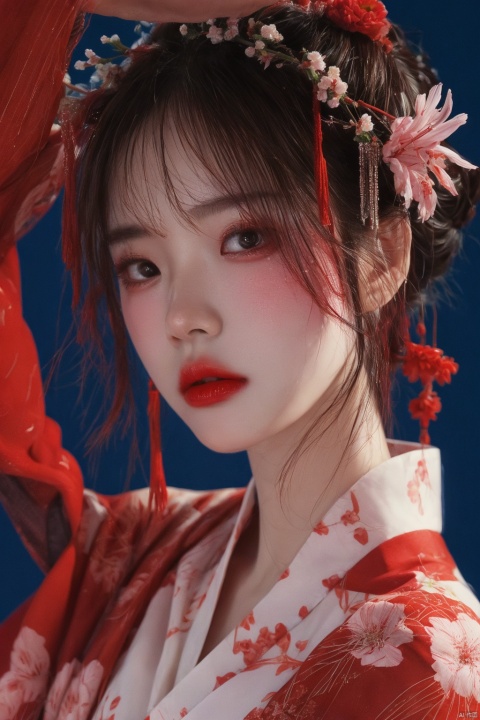 masterpiece, high quality, 1girl, amazing cinematic, sparklehsr, evil, menacing, glowing eyes, yandere,  red gold-trimmed kimono, o-ring halterneck, hair ornaments, mole under both eyes, red string, flower tattoo, neck bell, red fox mask on head, butterfly-shaped pupils, brown gradient hair, ominous red lighting, scary, grinning, spider lily flowers, ,
, ((poakl)), liuyifei