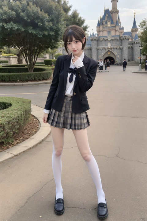  masterpiece,bestquality,realistic,8k,officialart,ultrahighres
,kawaii,cute,school uniforms,1girl,short hair,cowboy shot, white Thigh-high socks,jk,white socks,loafers ,black_footwear,serafuku,outdoors,disneyland,standing,upper body,cowboy shot,brown jacket,plaid skirt,pleated skirt,black loafers,slim legs,perfect body,shapely body,slender,half body