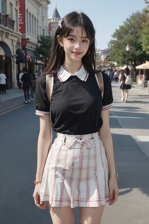  masterpiece,bestquality,realistic,8k,officialart,ultrahighres,1girls,teenager,kawaii,skinny,beautifly face,seductive smile,short sleeves,jk_style,jk_skirt,jk_shirt,(striped),jk_bow,outdoors,,slim legs,white socls,loafers,brown shoes,perfect waist to hip ratio,fashionable accessories,skirt,black hair,school uniform,bag,looking at viewer,brown eyes,cosplay,hair ornament,smile,plaid skirt,long hair,jewelry,realistic,lips,bracelet,shirt,backpack,brown hair,real world location,solo focus,carousel,disneyland,
