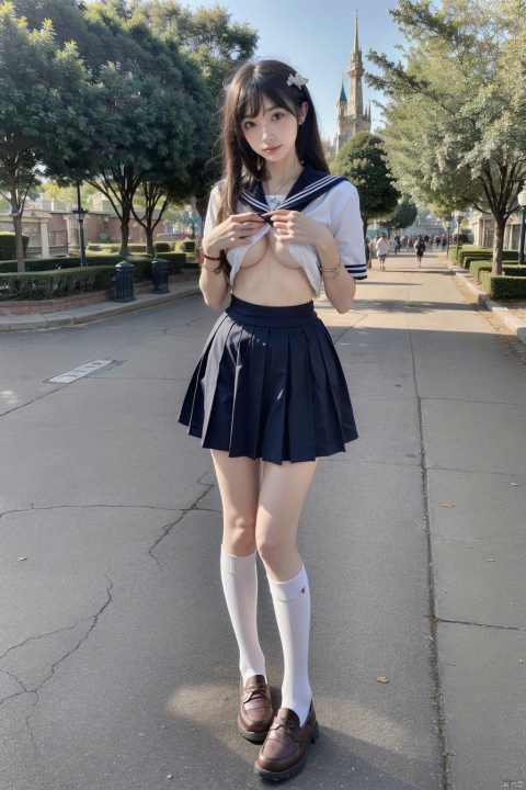  masterpiece,bestquality,realistic,8k,officialart,ultrahighres,1girls,teenager,kawaii,beautifly face,seductive ,outdoors,perfect waist to hip ratio,fashionable accessories,slender,looking at viewer,brown eyes,hair ornament,jewelry,realistic,lips,bracelet,real world location,solo ,disneyland,loafers,serafuku,plaid_skirt,mary janes,school uniform,brown footwear,brown shoes,loafers,long hair,plaid skirt,empty hand,perfect body,big breast,Sailor collar,white socks,short skirt,bare legs, short hair,shirt_lift,nipples,night,small areola,boobs