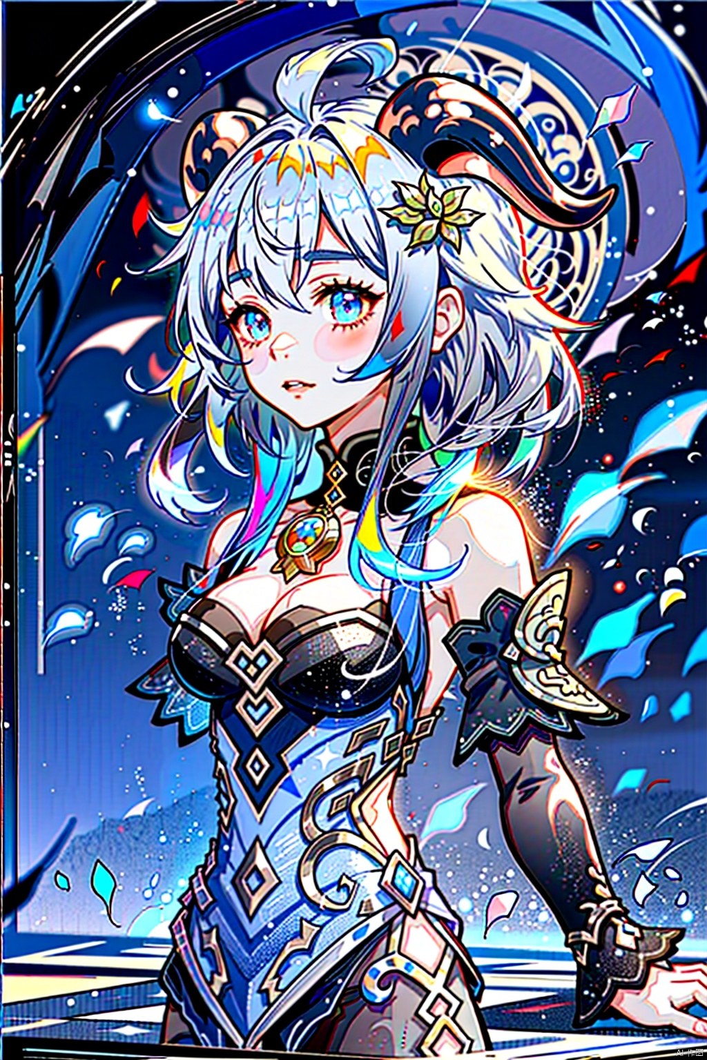  (masterpiece, best quality, best shadow,official art, correct body proportions, Ultra High Definition Picture,master composition),(bust:1.4), (backlight), 
//////
ganyu,1girl,solo,blue hair,ahoge,horns,with a little bell around his neck,detached sleeves, sidelocks,alternate costume,metallic white flower hair accessories,bangs,hair between eyes,bare shoulders,long hair,dress, medium breasts, 
//////
(dark background), light, 
//////
1girl,cute girl, Metal_wing, masterpiece, ganyu