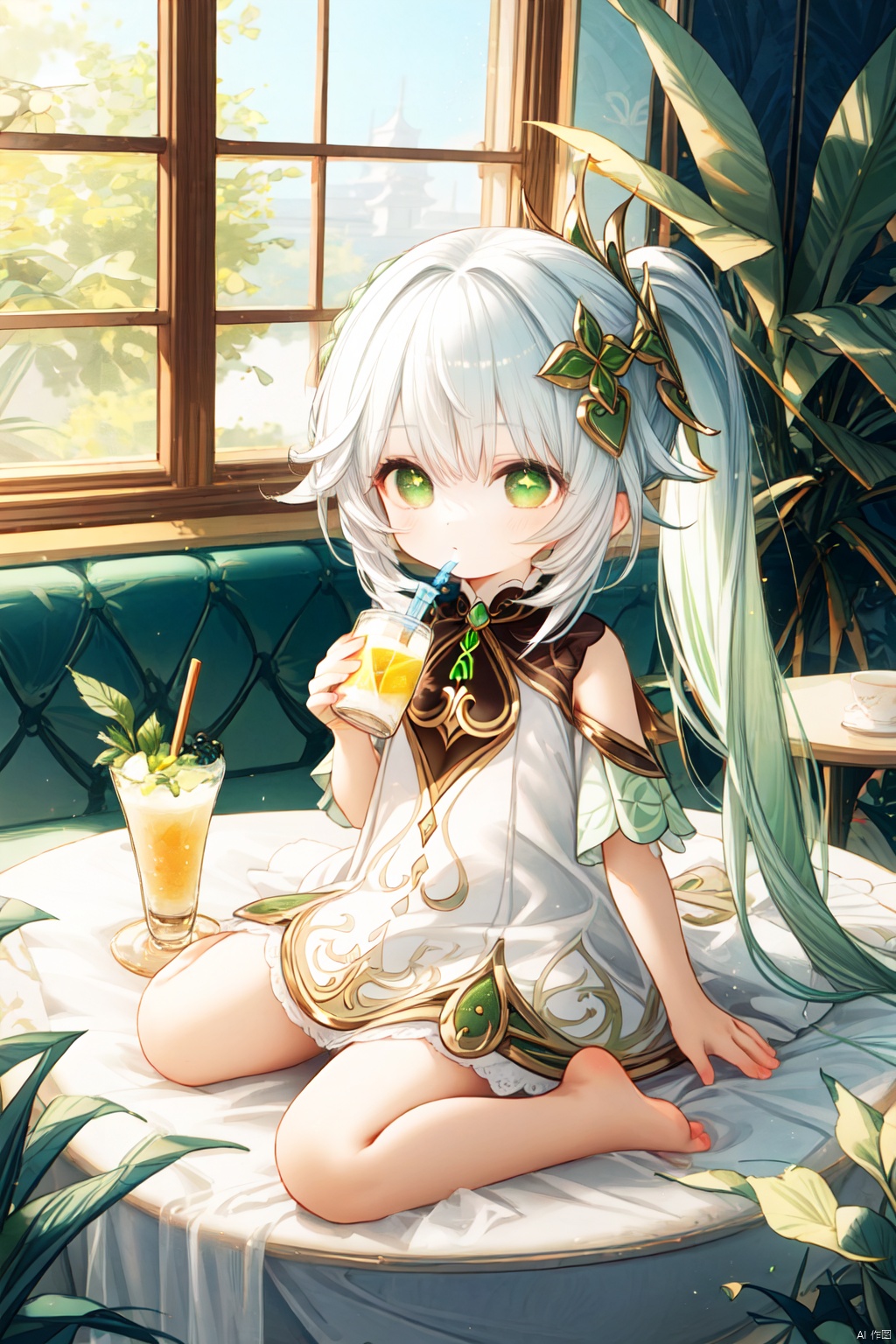  best_quality, extremely detailed details, loli,underage,1_girl,solo,((full_body)),cute_face,pretty face,extremely delicate and beautiful girls,(beautiful detailed eyes), green_eyes,cross_eyes,+_+,(white and green hair:0.8),long_ponytail,barefoot,long_dress,cafe,sitting,drinking,juice,
nahida (genshin impact),nai3