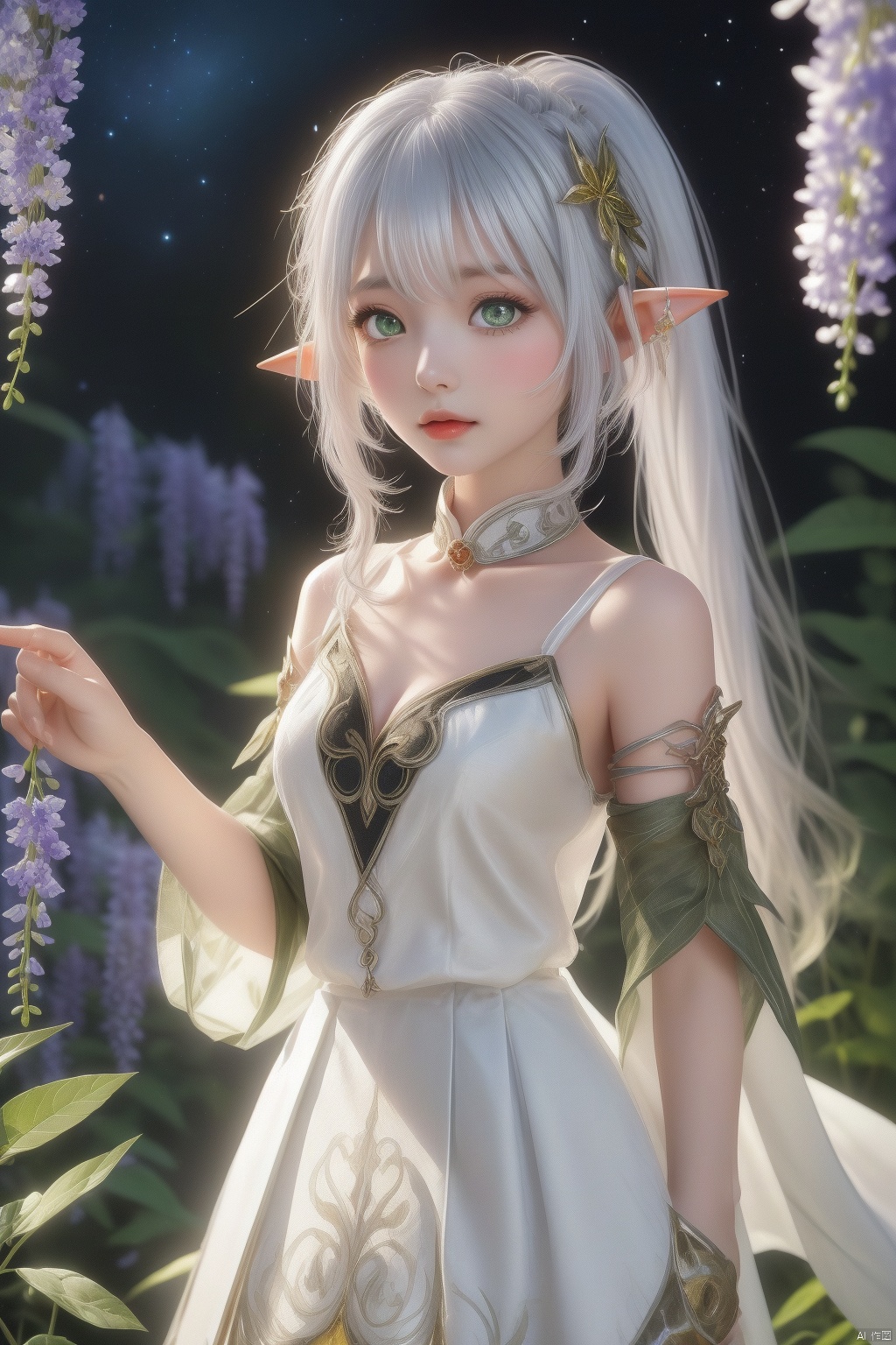  3D,photo,(the wonderland of elf),(((masterpiece))),(incredibly_absurdres),(best quality),(highres),((ultra-detailed)),(girl in the garden),(garden in the dream), (extremely fantasy dream),(an extremely delicate and beautiful girl),delicate face,beautiful detailed eyes,[1princess,elf,pointy_ears, flower, breasts, elf, long_hair, blonde and silver hair, very_long_flowing_hair, solo, detached_sleeves, yokozuwari, green_eyes, white_flower, butterfly_hair_ornament, bare_shoulders, bare_breast,medium_breasts, looking_at_viewer,(silver see-through gauze_dress:1.2),(gold trim glowing gauze_dress), hair_ornament, bangs: :0.66],(upper_body),focus on face,close up,[ :dynamic angle,insect,animals,(bug, glowworm,butterfly,animal, , glowing butterfly,glowing fireflies,fireflies encircles the girl,(glowing)) (detailed light),feather, nature, (sunlight), flowers:0.33],girl in the garden,garden in the wonderland,beautiful and delicate wonderland,(painting),(sketch),(bloom),(shine),(All fireflies shine)(detailed background),(depth of field),backlight,(cinematic light),(lens_flare),(best shadow),(extremely delicate and colorful Wisteria Tunnel), (fairy tale and dreamy),High quality, ultra detail, ((Nahida, genshin impact,Green eyes,Nahida's character costume)),(watercolor medium:1.1), (ukiyoe style:1.21), (masterpiece:1.4641), (best quality:1.331), (illustration:1.1), (1girl:1.5), (solo:1.5), (an extremely delicate and beautiful:1.21), cute,looking at viewer,Medium lens,(She Hold the branches with small white flowers:1.23),(white background:1.3), (night sky with stars:1.2), (Sophora:1.2), (drooping branches with white flowers),(beautiful long white hair),(very long white hair),small breasts,(black pleated skirt:1.25),((white hair)),(collared shirt),(white stocking),collarbone,[delicatehands:0.8],高清