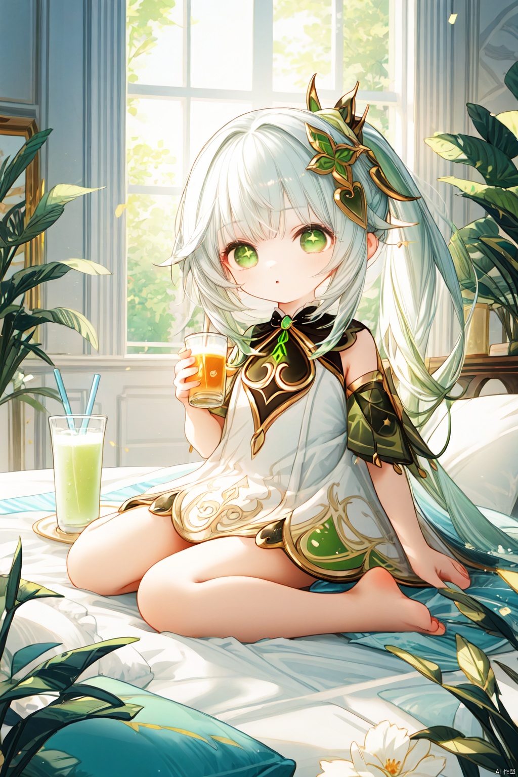  best_quality, extremely detailed details, loli,underage,1_girl,solo,((full_body)),cute_face,pretty face,extremely delicate and beautiful girls,(beautiful detailed eyes), green_eyes,cross_eyes,+_+,(white and green hair:0.8),long_ponytail,barefoot,long_dress,cafe,sitting,drinking,juice,
nahida (genshin impact),nai3