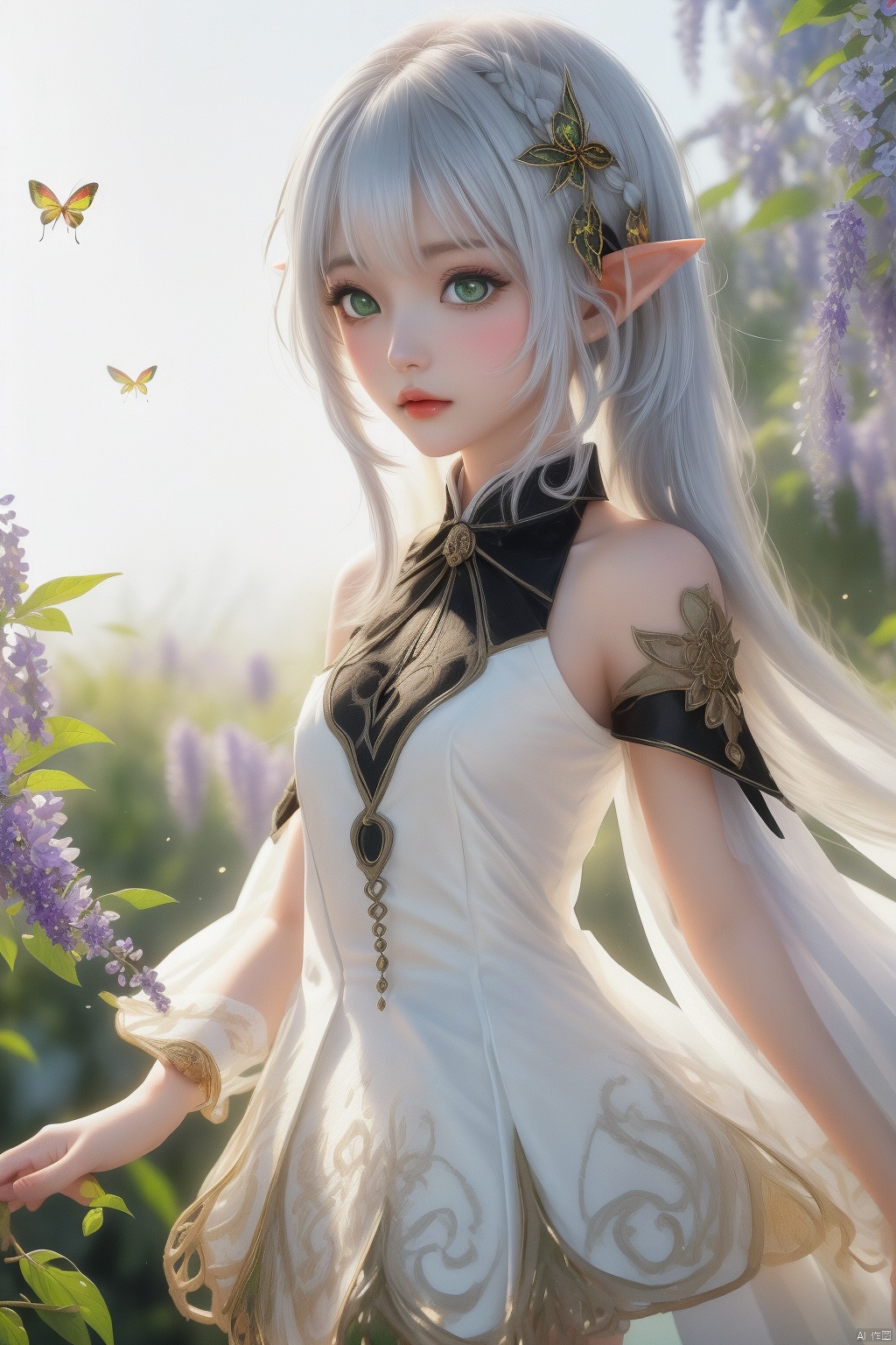  3D,photo,(the wonderland of elf),(((masterpiece))),(incredibly_absurdres),(best quality),(highres),((ultra-detailed)),(girl in the garden),(garden in the dream), (extremely fantasy dream),(an extremely delicate and beautiful girl),delicate face,beautiful detailed eyes,[1princess,elf,pointy_ears, flower, breasts, elf, long_hair, blonde and silver hair, very_long_flowing_hair, solo, detached_sleeves, yokozuwari, green_eyes, white_flower, butterfly_hair_ornament, bare_shoulders, bare_breast,medium_breasts, looking_at_viewer,(silver see-through gauze_dress:1.2),(gold trim glowing gauze_dress), hair_ornament, bangs: :0.66],(upper_body),focus on face,close up,[ :dynamic angle,insect,animals,(bug, glowworm,butterfly,animal, , glowing butterfly,glowing fireflies,fireflies encircles the girl,(glowing)) (detailed light),feather, nature, (sunlight), flowers:0.33],girl in the garden,garden in the wonderland,beautiful and delicate wonderland,(painting),(sketch),(bloom),(shine),(All fireflies shine)(detailed background),(depth of field),backlight,(cinematic light),(lens_flare),(best shadow),(extremely delicate and colorful Wisteria Tunnel), (fairy tale and dreamy),High quality, ultra detail, ((Nahida, genshin impact,Green eyes,Nahida's character costume)),(watercolor medium:1.1), (ukiyoe style:1.21), (masterpiece:1.4641), (best quality:1.331), (illustration:1.1), (1girl:1.5), (solo:1.5), (an extremely delicate and beautiful:1.21), cute,looking at viewer,Medium lens,(She Hold the branches with small white flowers:1.23),(white background:1.3), (night sky with stars:1.2), (Sophora:1.2), (drooping branches with white flowers),(beautiful long white hair),(very long white hair),small breasts,(black pleated skirt:1.25),((white hair)),(collared shirt),(white stocking),collarbone,[delicatehands:0.8],高清