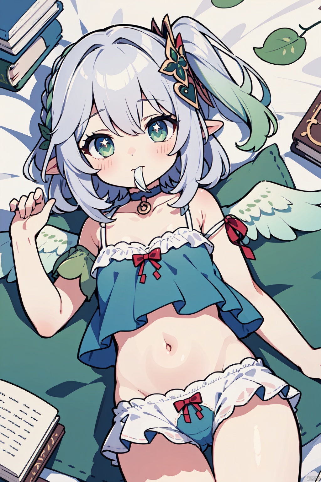  1girl, frilled shorts, lying, on back, solo, spaghetti strap, book, underwear, looking at viewer, red ribbon, bloomers, ribbon, mouth hold, navel, white bloomers, wings, white choker, choker, frills, bare shoulders, braid, bare arms, stomach, blush, ribbon in mouth, gem, on bed, babydoll, camisole, bed sheet, leaf hair ornament, frilled panties, collarbone, cage, key, green gemstone, white wings, thighs, nahida, cowboy shot, dutch angle, from above,for-all-knowledge-a-verse outfit