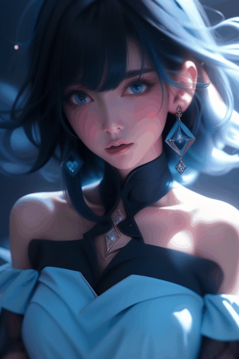  1girl,Bangs, off shoulder, black hair, blue dress, blue eyes, chest, earrings, dress, earrings, floating hair, jewelry, sleeveless, short hair,Looking at the observer, parted lips, pierced,energy,electricity,magic,