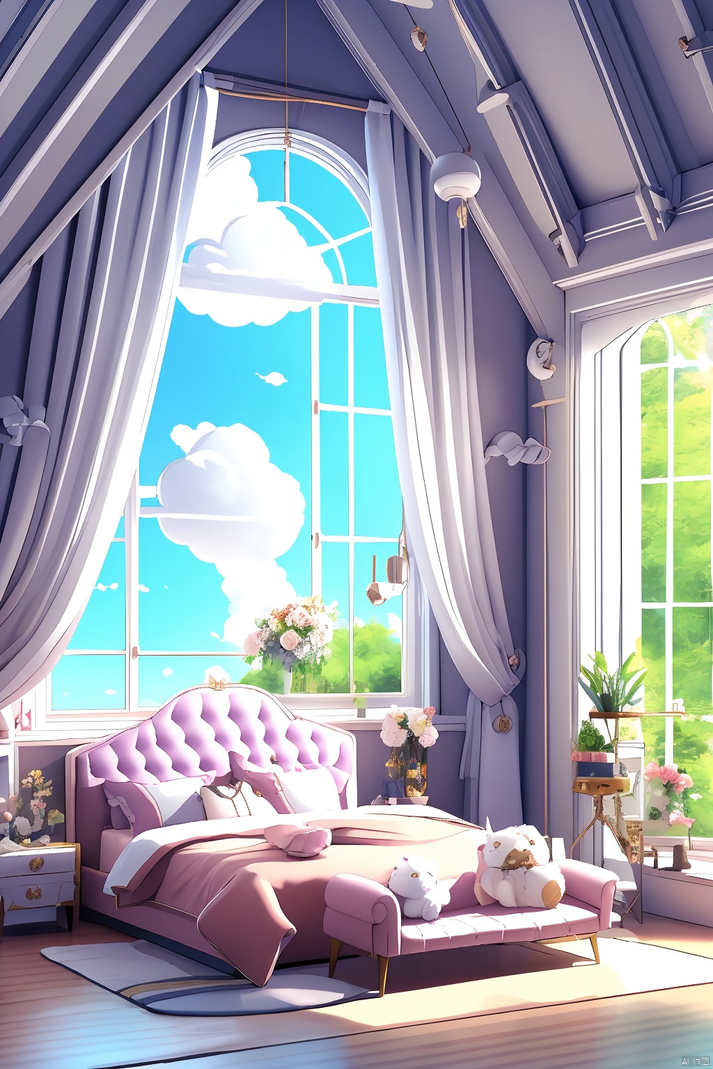 Bare thigh,extremely detailed CG unity 8k wallpaper,illustration,lens 135mm,masterpiece, best quality, no humans, flower, virtual youtuber, indoors, bed, pillow, window, stuffed toy, girl’s bedroom,table, cat, stuffed animal, bell, chair, curtains, cloud, microphone, rose, day, white flower, neck bell, english text, sky, plant, scenery,blue tone ,no human
