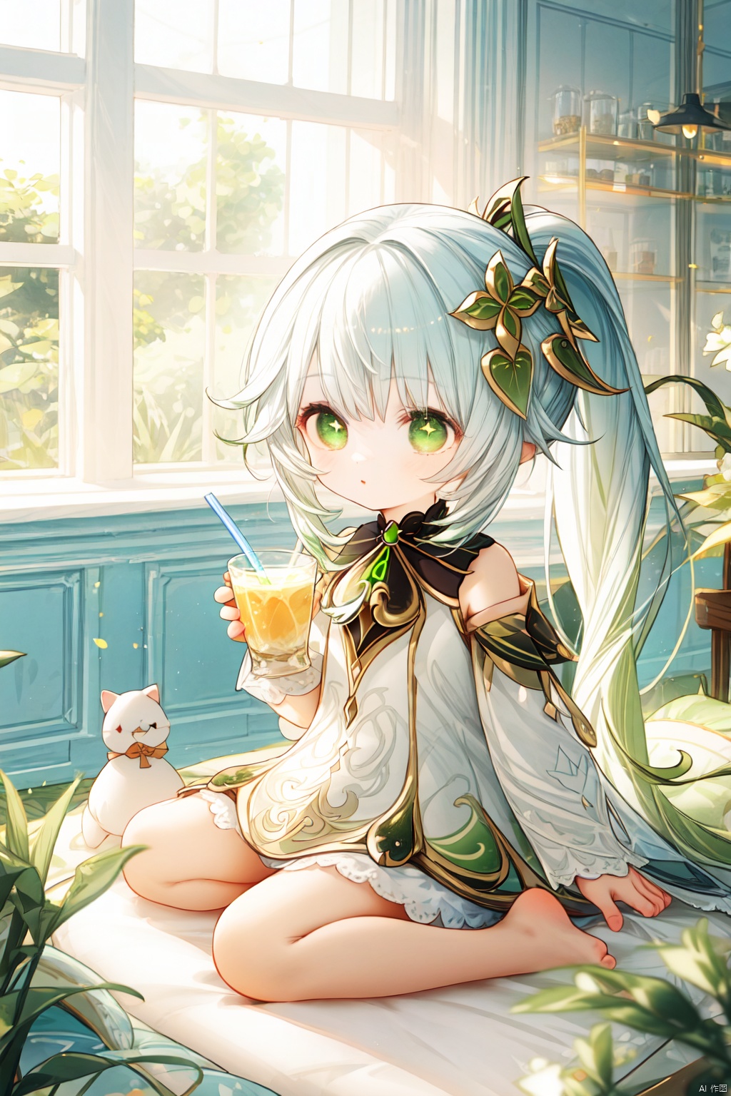  best_quality, extremely detailed details, loli,underage,1_girl,solo,((full_body)),cute_face,pretty face,extremely delicate and beautiful girls,(beautiful detailed eyes), green_eyes,cross_eyes,+_+,(white and green hair:0.8),long_ponytail,barefoot,long_dress,cafe,sitting,drinking,juice,
nahida (genshin impact),nai3