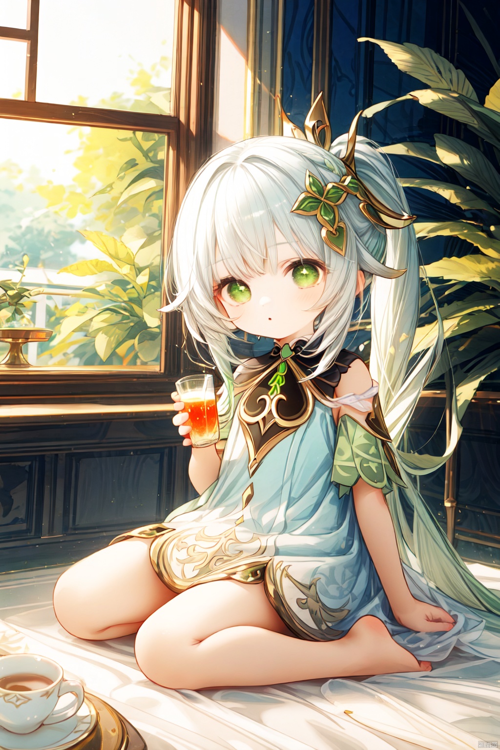  best_quality, extremely detailed details, loli,underage,1_girl,solo,((full_body)),cute_face,pretty face,extremely delicate and beautiful girls,(beautiful detailed eyes), green_eyes,cross_eyes,+_+,(white and green hair:0.8),long_ponytail,barefoot,long_dress,cafe,sitting,drinking,juice,
nahida (genshin impact),nai3