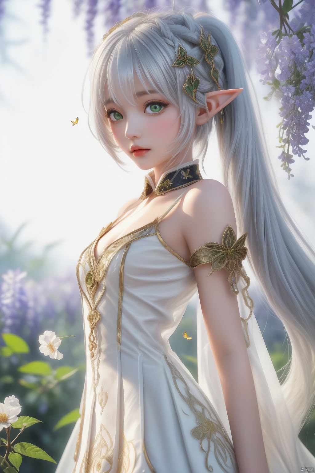  3D,photo,(the wonderland of elf),(((masterpiece))),(incredibly_absurdres),(best quality),(highres),((ultra-detailed)),(girl in the garden),(garden in the dream), (extremely fantasy dream),(an extremely delicate and beautiful girl),delicate face,beautiful detailed eyes,[1princess,elf,pointy_ears, flower, breasts, elf, long_hair, blonde and silver hair, very_long_flowing_hair, solo, detached_sleeves, yokozuwari, green_eyes, white_flower, butterfly_hair_ornament, bare_shoulders, bare_breast,medium_breasts, looking_at_viewer,(silver see-through gauze_dress:1.2),(gold trim glowing gauze_dress), hair_ornament, bangs: :0.66],(upper_body),focus on face,close up,[ :dynamic angle,insect,animals,(bug, glowworm,butterfly,animal, , glowing butterfly,glowing fireflies,fireflies encircles the girl,(glowing)) (detailed light),feather, nature, (sunlight), flowers:0.33],girl in the garden,garden in the wonderland,beautiful and delicate wonderland,(painting),(sketch),(bloom),(shine),(All fireflies shine)(detailed background),(depth of field),backlight,(cinematic light),(lens_flare),(best shadow),(extremely delicate and colorful Wisteria Tunnel), (fairy tale and dreamy),High quality, ultra detail, ((Nahida, genshin impact,Green eyes,Nahida's character costume)),(watercolor medium:1.1), (ukiyoe style:1.21), (masterpiece:1.4641), (best quality:1.331), (illustration:1.1), (1girl:1.5), (solo:1.5), (an extremely delicate and beautiful:1.21), cute,looking at viewer,Medium lens,(She Hold the branches with small white flowers:1.23),(white background:1.3), (night sky with stars:1.2), (Sophora:1.2), (drooping branches with white flowers),(beautiful long white hair),(very long white hair),small breasts,(black pleated skirt:1.25),((white hair)),(collared shirt),(whitestocking),collarbone,[delicatehands:0.8],高清