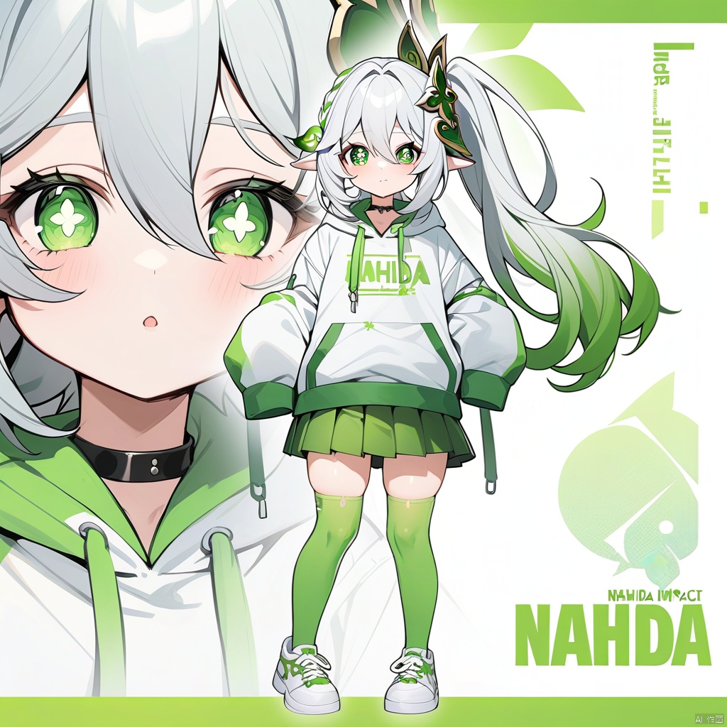 masterpiece, best quality,1girl, nahida (genshin impact), green eyes, side ponytail, skirt, thighhighs, solo, multicolored hair, long hair, white hoodie, hoodie, white hair, shoes, hood, pointy ears, green hair, zoom layer, cross-shaped pupils, gradient hair, alternate costume, pleated skirt, bangs, looking at viewer, green skirt, character name, long sleeves, symbol-shaped pupils, sneakers, drawstring, contemporary, choker, hair ornament, full body, hair between eyes, sleeves past wrists, standing, green thighhighs, ponytail, black choker, sleeves past fingers, jewelry, hood down, very long hair, english text, colored tips, miniskirt
