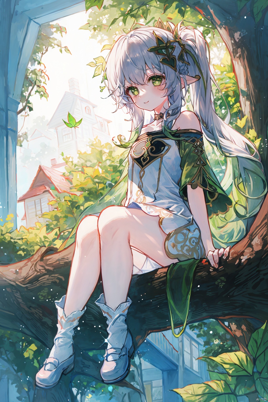  masterpiece,1girl,solo,

((on_tree)),white_hair,long_hair,green eyes,white_dress,collarbone,light_smile,school_uniform,white_legwear,loli,small_breasts,off_shoulder,falling_leaf.flower,hair_ornament,on_branch,full_body,(uwabaki),uwabaki, sitting in tree, see-through, see-through,full body,mary janes, house,tree
