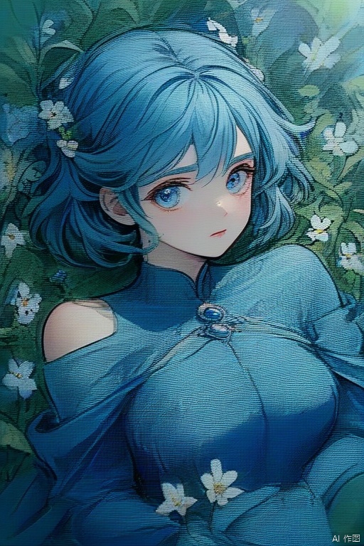  goddesss,gentle,Surrounded by flowers, 1girl, yunxi,, yunxi,1girl, sexy, blue hair,blue eyes