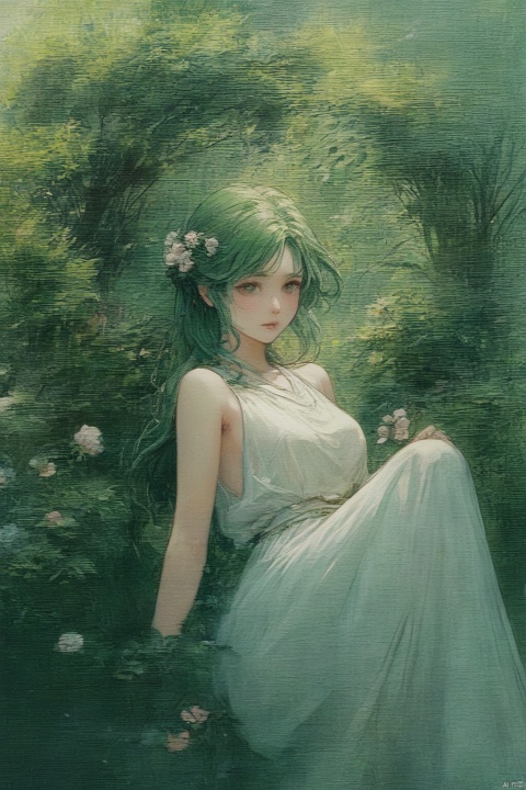  goddesss,gentle,Surrounded by flowers, 1girl, yunxi,, yunxi,1girl, sexy, green hair, Alfred Augustus Glendening style page