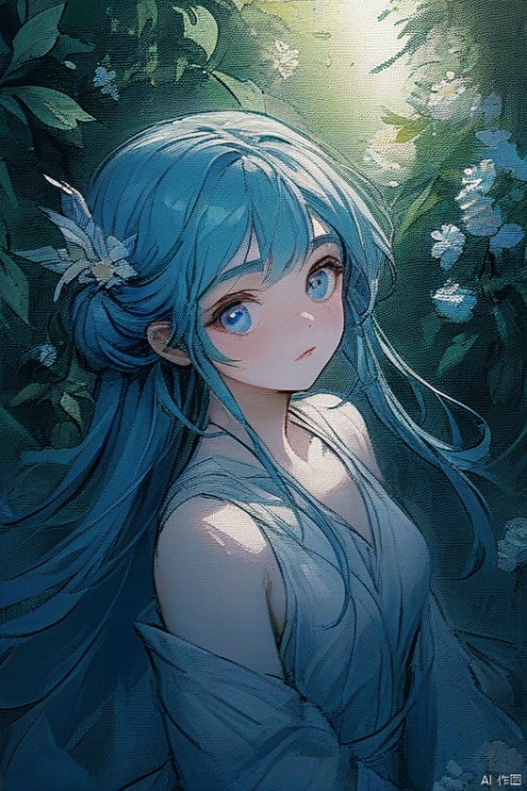  goddesss,gentle,Surrounded by flowers, 1girl, yunxi,, yunxi,1girl, sexy, blue hair,blue eyes