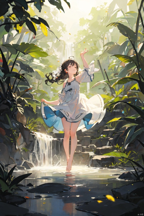 (masterpiece), (best quality), illustration, ultra detailed, hdr, Depth of field, (colorful), loli, 1girl, dancing, green theme, forest,tree,water fall,  lens flare, hdr, Tyndall effect, damp, wet, white dress, closed mouth, constel lation, flat color, braid, blinking, float, looking up, medium hair, barefoot, bare shoulders, solo,
