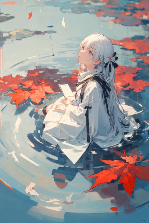 ((floating white papers, colorful ink splash)),maple leaves,feathers
, reflecction,ripple,rainy,1girl,(wide shot,panorama,full body,sitting on water surface,looking up,from above), backlight,