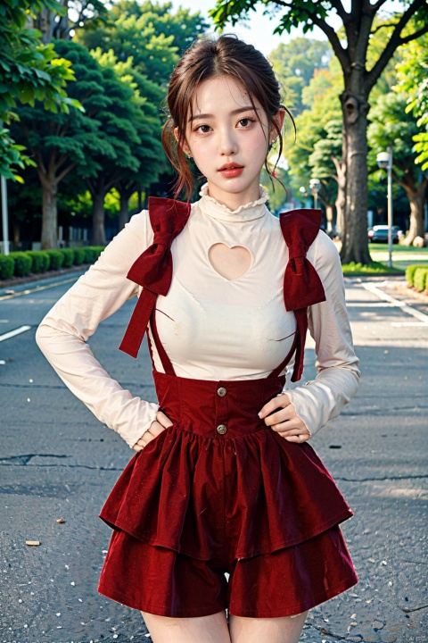  1girl, white shirt , suspender shirt, outdoors, hands on waist