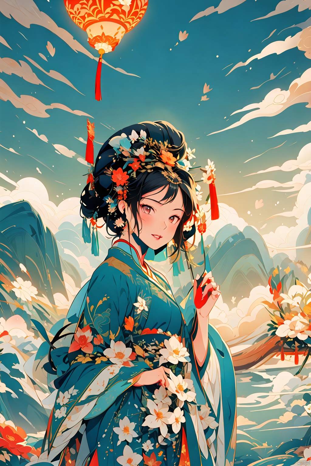 Nine-tailed fox, Chinese girl, Chinese gorgeous Hanfu, Chinese updo, gorgeous hairpin, high resolution, illustration