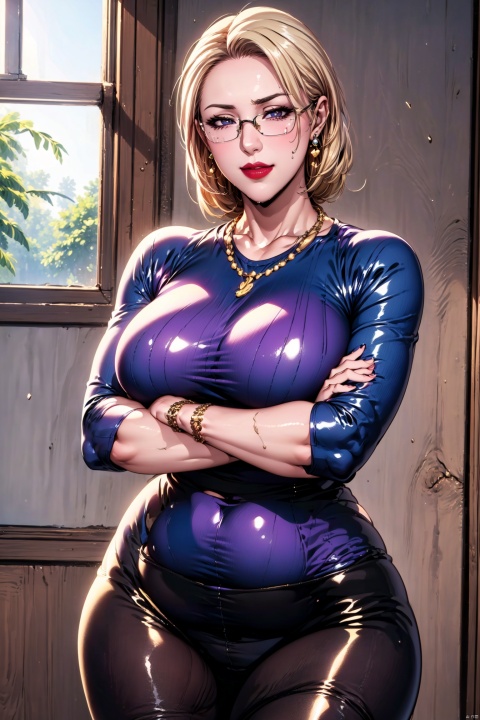 ((Luxury estate, exquisite and beautiful rooms, wealthy rooms, ))breasts, 1girl, cleavage, jewelry, glasses, necklace, lipstick, mature female, hair, makeup, dutch angle, eyes, large breasts,nice hands, perfect balance, (looking at viewer:1.5), (Light_Smile:0.3), official art, extremely detailed CG unity 8k wallpaper, perfect lighting, Colorful, Bright_Front_face_Lighting, White skin, (masterpiece:1), (best_quality:1), ultra high res, 4K, ultra-detailed, photography, 8K, HDR, highres, absurdres:1.2, Kodak portra 400, film grain, blurry background, bokeh:1.2, lens flare, (vibrant_color:1.2),(narrow_waist), dark studiobest quality,8k,ultra high res,soft light,cowboy_shot,standing,(narrow waist), (wide hips:1.3),huge breasts,looking at viewer,(see-through:1.2),foot focus,huge breasts, spread legs, Light master
((Yoga wear :1.3)), ((Yoga pants :1.3)), ((Yoga wear), (Yoga wear), (athletic wear), ballet wear, narrow waist pants, (((purple striped pantyhose))), tutu, high slit pantyhose, Purple pantyhose, ((latex pantyhose)),
(((Golden yellow hair:1.3))),shoulder-length hair,medium hair,curly hair,hair bun,glasses. Square glasses,elongated eyes,long eyes,Seductive smile,sexy smile,Seductive face, erotic face, sexy face, dirty face,Heart-shaped pupils, (((jewelry))), (gorgeous jewelry), (earrings：1.2）, （necklaces：1.2）, jewelry, shiny jewelry,
((((standing, crossed arms,)))) ,