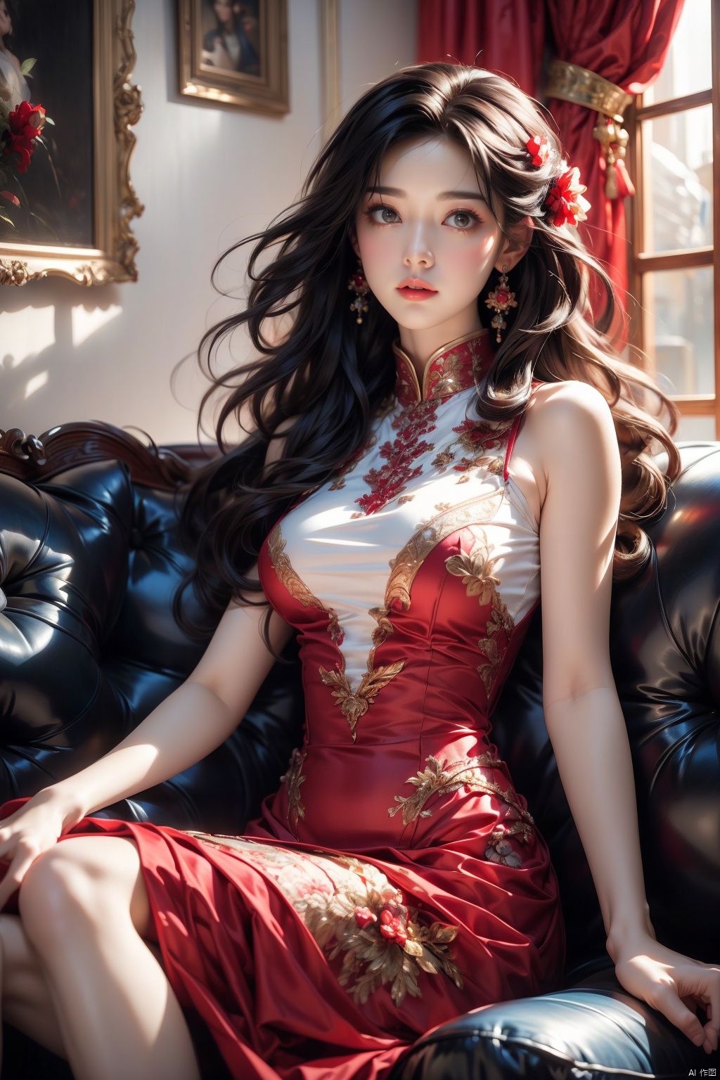  (masterpiece, top quality, best quality, official art, beautiful and aesthetic:1.2),A girl in a red dress sitting on a sofa, The background is a relief pattern full of artistic sense. Purple,White,Blue,Chest,Abdomen,Snowflakes falling,(whole body:1.5),High quality photo, intricate details, sharp focus, dramatic lighting, romantic atmosphere, colorful,highest detailed..,trending on DeviantArt, by Gregory Manchess, Jeremy Mann, Atey Ghailan, Studio Ghibli.