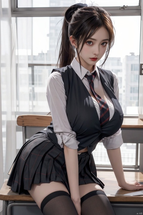  1girl,big breasts, cleavage cutout, solo, skirt, black hair, thighhighs, school uniform, ponytail, the necktie draped over one breast, vest, desk, wangyushan