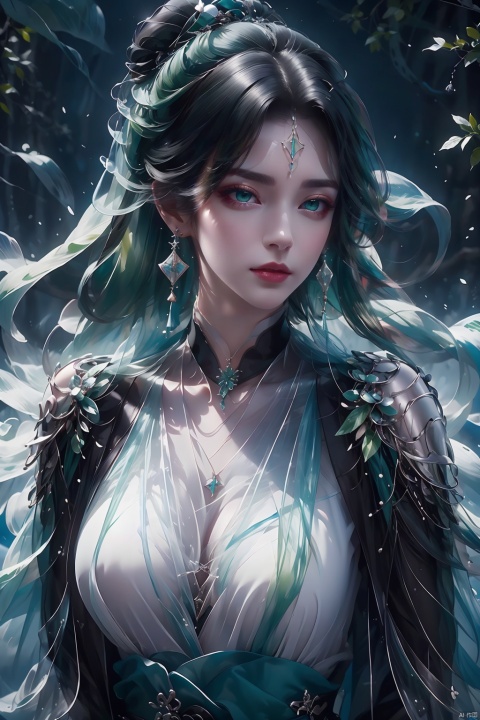  masterpiece, best quality, ice, A girl, silk, cocoon, spider web, Solo, Complex Details, Color Differences, Realistic, (Moderate Breath), Green Eyes, Earrings, Sharp Eyes, Perfect Fit, Choker, Dim Lights, cocoon, transparent, jiBeauty, Ink scattering_Chinese style