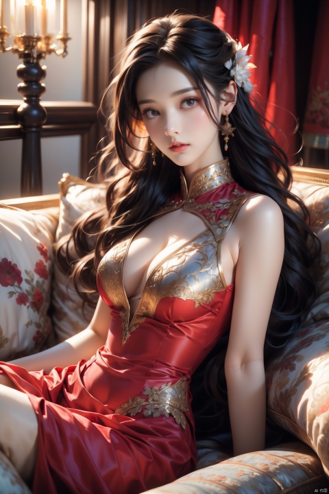  (masterpiece, top quality, best quality, official art, beautiful and aesthetic:1.2),A girl in a red dress sitting on a sofa, The background is a relief pattern full of artistic sense. Purple,White,Blue,Chest,Abdomen,Snowflakes falling,(whole body:1.5),High quality photo, intricate details, sharp focus, dramatic lighting, romantic atmosphere, colorful,highest detailed..,trending on DeviantArt, by Gregory Manchess, Jeremy Mann, Atey Ghailan, Studio Ghibli.