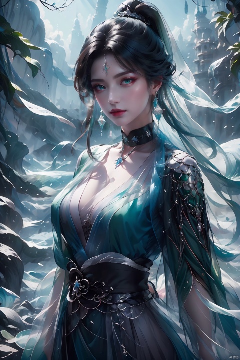  masterpiece, best quality, ice, A girl, silk, cocoon, spider web, Solo, Complex Details, Color Differences, Realistic, (Moderate Breath), Green Eyes, Earrings, Sharp Eyes, Perfect Fit, Choker, Dim Lights, cocoon, transparent, jiBeauty, Ink scattering_Chinese style