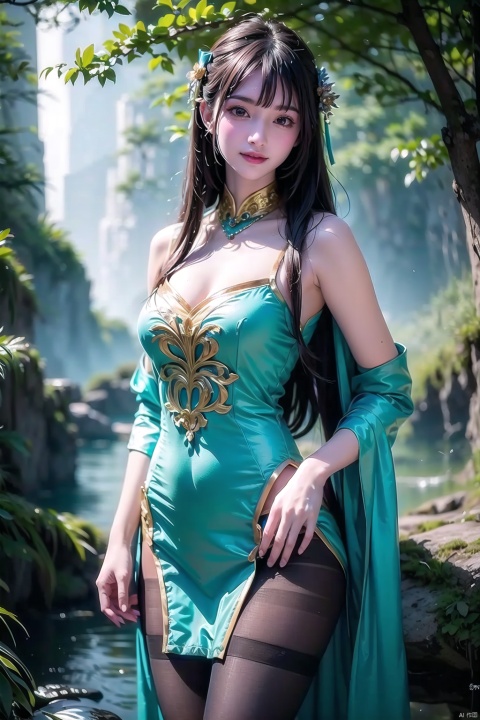  (Masterpiece, best quality: 1.5), surreal, 1 girl, straight bangs, long hair, straight hair, portrait, mysterious forest, sweet smiling girl, pantyhose, sexy pantyhose,
Exquisitely decorated tight fitting dress, medium chest, exquisite and realistic details, magical tower background, mysterious fantasy world, beautiful visuals