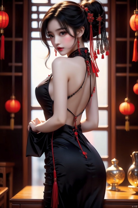  masterpiece,best quality,chinese style,cute 1girl,in a black dress,with a backless top,