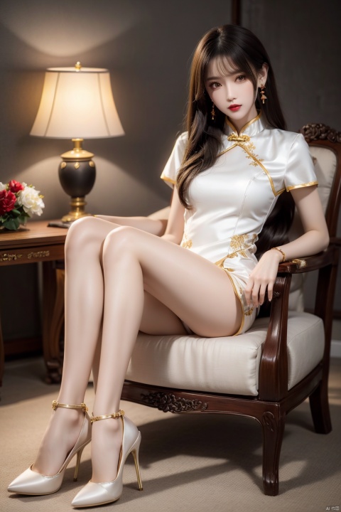  1girl, solo,sitting,dress, chinese clothes, brown hair, chair, realistic, crossed legs, china dress, pantyhose, high heels, looking at viewer, brown eyes, lips, short hair, indoors, makeup, full body, earrings, red lips, lipstick, armchair, white footwear, jewelry, white dress, legs, curtains, shoes, lamp, short sleeves, grey pantyhose, simple drawing,high_heels,background,yellow_footwear,black_hair,long_hair