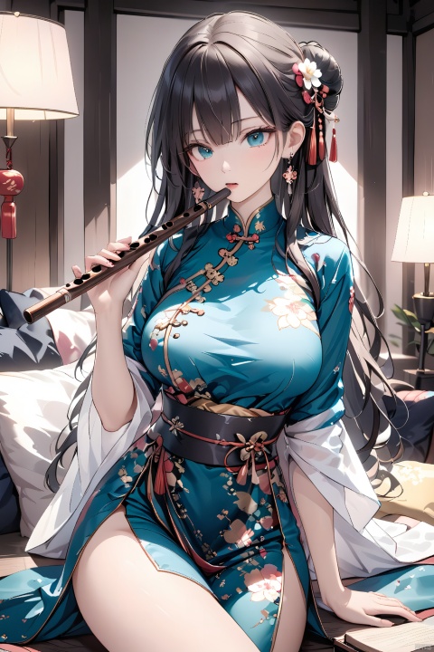  8k, the best quality, masterpiece, super details, fine fabrics, high detail skin, finely detailed eyes and detailed face,smooth skin,extremely fine and detailed,Perfect details, high resolution, exquisite, bright, glossy,Black long hair,Hair accessories,Earrings,cheongsam,sitting,holding bamboo flute,Playing the flute,suck,wave one's hand,breast,Knee up,Lifting the foot,toes, 1girl
