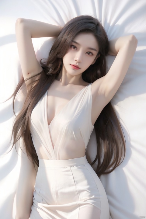  tianhuxianzi, 1girl,solo,bedroom, upper body,Pure white sheets,(lying:1.8), ( arms behind head:1.5), (looking at viewer:1.5), sexy pajamas, hair ornament, black hair, long hair, bare shoulders, big breasts, night,bare legs,, ((poakl)), Renai, office lady, MDSlp,pencil skirt