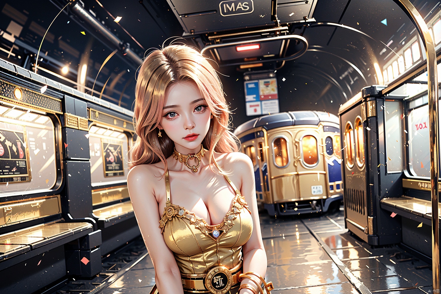  mastetpiece, best quality, incredible details, cinematic ultra wide angle, depth of field, hyper detailed, insane details, hyper realistic, high resolution, cinematic lighting, soft lighting, incredible quality, (Golden train station Background:1.4),c(aerial view,view of city),Golden Brilliance,(1girl in front of a big train:1.5), A big train, in uniform, black and pink and red glowing crystal, crystal pink hair, she is evil but cute, detailed evil eyes, she has a cute canine, glowing crystal wear, dynamic shot,Hair with scenery,yuyao,dress,huliya,fox,fox ears