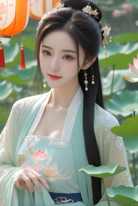  Best quality, Realistic, photorealistic, masterpiece, extremely detailed CG unity 8k wallpaper, best illumination, best shadow, huge filesize, ,(huge breasts:1.89) incredibly absurdres, absurdres, looking at viewer, transparent, smog, gauze, vase, petals, room, ancient Chinese style, detailed background, wide shot background,
(((1gilr,black hair))), ,(huge breasts:1.99),close up of 1girl,Hairpins,hair ornament,hair wings,slim,narrow waist,(huge breasts:2),perfect eyes,beautiful perfect face,pleasant smile,perfect female figure,detailed skin,charming,alluring,seductive,erotic,enchanting,delicate pattern,detailed complex and rich exquisite clothing detail,delicate intricate fabrics,

 Morning Serenade: In the gentle morning glow, (a woman in a light pueple lotus-patterned Hanfu stands in an indoor courtyard:1.1),(Chinese traditional dragon and phoenix embroidered Hanfu:1.2), admiring the tranquil garden scenery. The lotus-patterned Hanfu, embellished with silver-thread embroidery, is softly illuminated by the morning light. The light mint green Hanfu imparts a sense of calm and freshness, adorned with delicate lotus patterns, with a blurred background to enhance the peaceful atmosphere,(huge breasts:2.1),