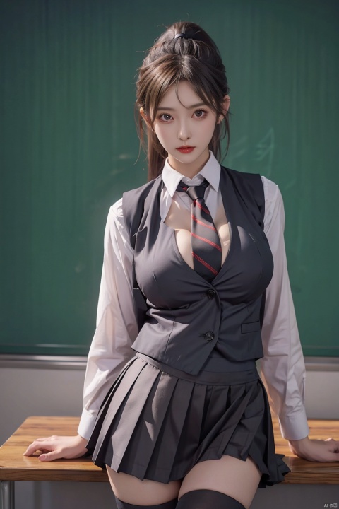  1girl,big breasts, cleavage cutout, solo, skirt, black hair, thighhighs, school uniform, ponytail, the necktie was draped over one breast, vest, desk, wangyushan