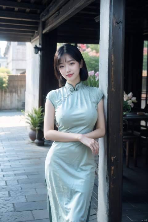  (global illumination, reality,ray tracing, HDR, unreal rendering, reasonable design, high detail, masterpiece,best quality, ultra high definition, movie lighting),
1girl,outdoor,looking_at_viewer,side_blunt_bangs,china_dress,chinese_style,(big breasts:1.89),pose,solo,1girl,black hair,black eyes, (flowers:1.3), qipao, 1girl