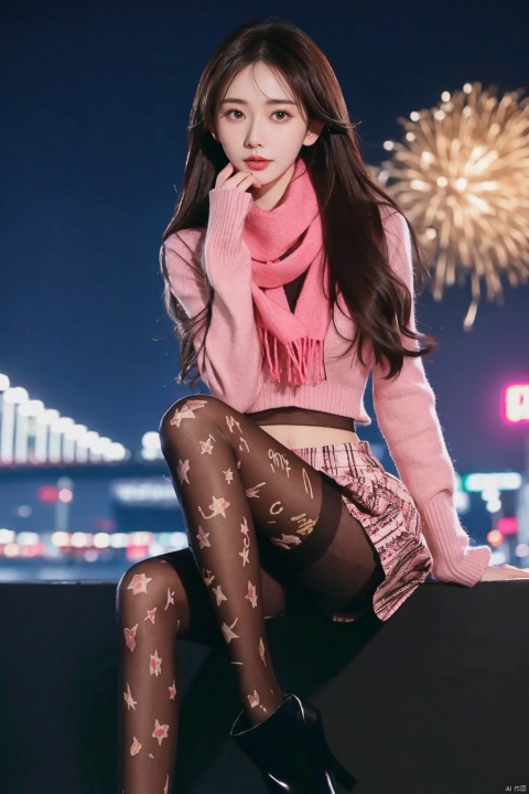  1girl,fashion model,female focus,(masterpiece, realistic, best quality, highly detailed, profession),asian,pretty,Charming eyes,exquisite facial features,bangle,sweater,scarf,skirt,black pantyhose,boots,sitting,night,neon,beach of city,new year,cowboy shot,cinematic composition,blurry,plns,sw, fireworks, linzhiling, blackpantyhose,print legwear, ((poakl))