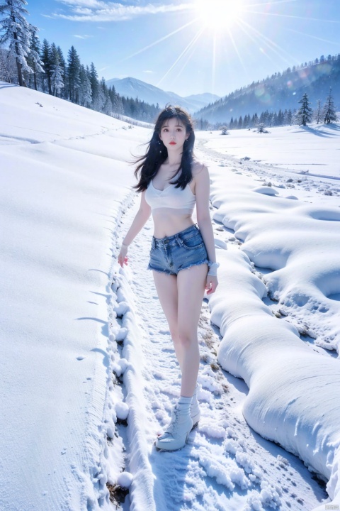  Full-body photos of a girl, Winter, realism, HD 16k, snow, winter,sexy Short 
 jeans, light master,Huge flowers, bare long legs, high heels, light rays,
snowfield,snow mountain, yunyun, xiaowu