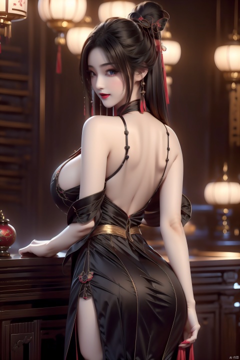 masterpiece,best quality,chinese style,cute 1girl,in a black dress,with a backless top, large breasts,big_boobs, pf-hd