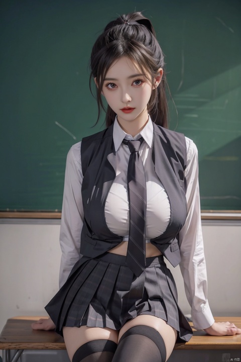  1girl,big breasts, cleavage cutout, solo, skirt, black hair, thighhighs, school uniform, ponytail, the necktie was draped over one breast, vest, desk, wangyushan